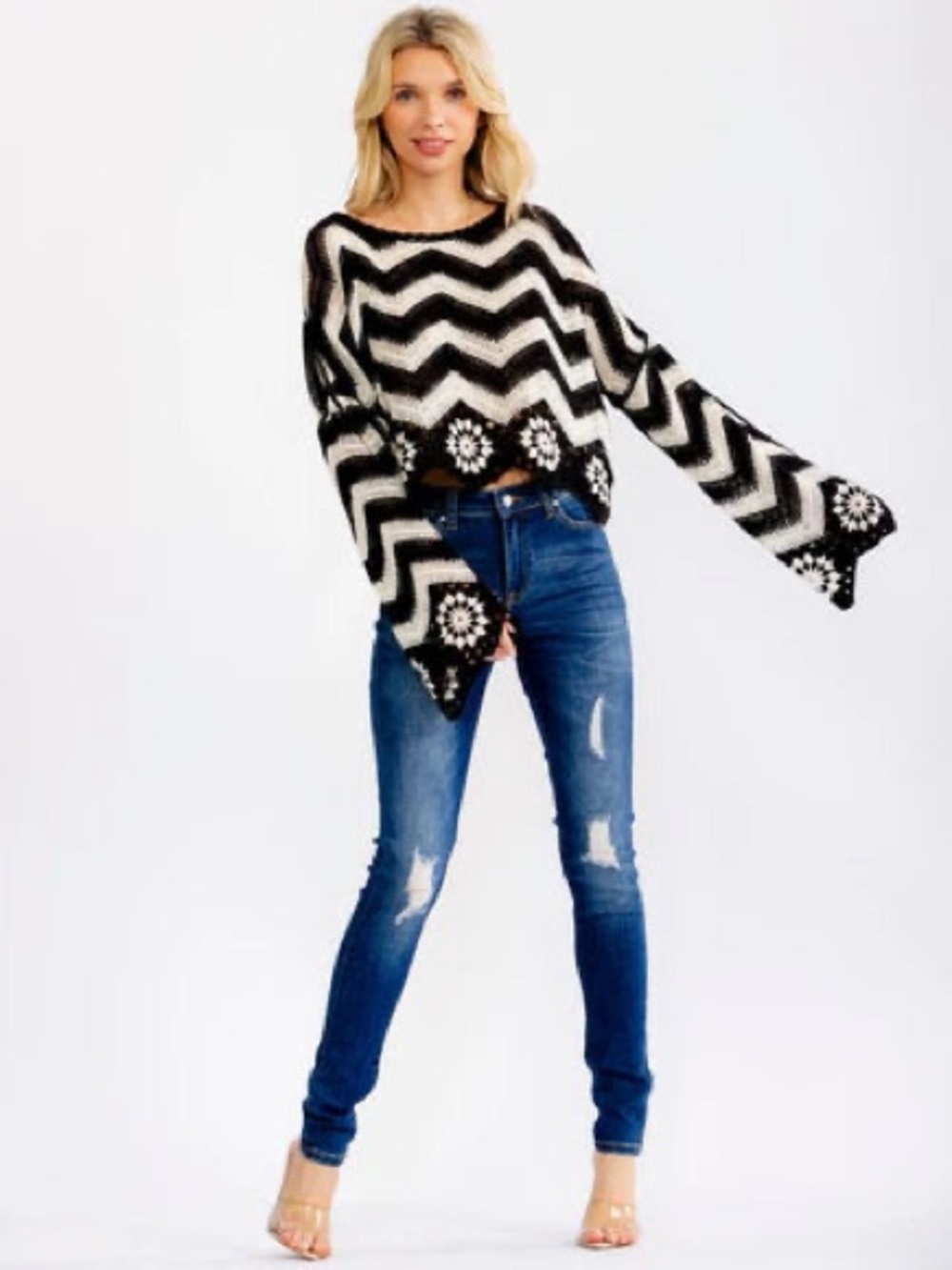 Chevron Lace-Edged Cropped Sweater Top in Black & White